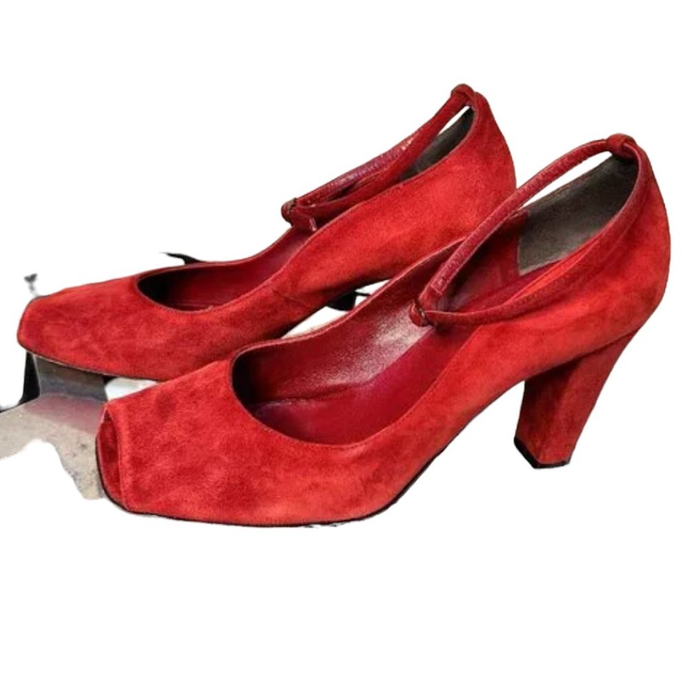 YVES SAINT LAURENT Red Suede Peep Toe Ankle Strap Pumps Heels - 39 1/2
